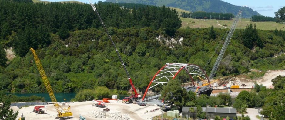 130 Tonne Grove and 25 Tonne Roughie Cranes working on the ETA overpass bridge in Taupo.